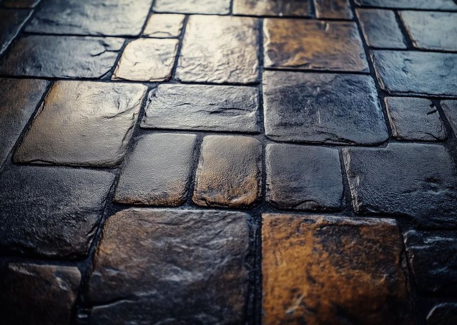Close-up of worn stone pavement in gray and brown tones, with uneven textured tiles