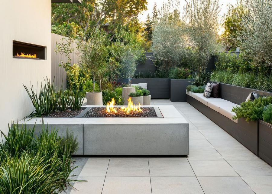 Modern patio with built-in fire feature, gray seating, and lush greenery in a landscaped garden