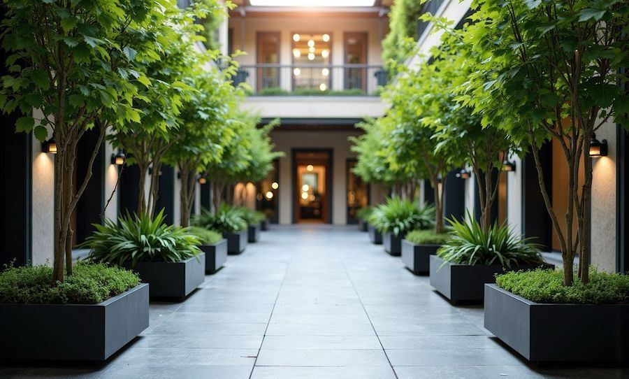 Modern courtyard walkway lined with potted trees, leading to a building entrance